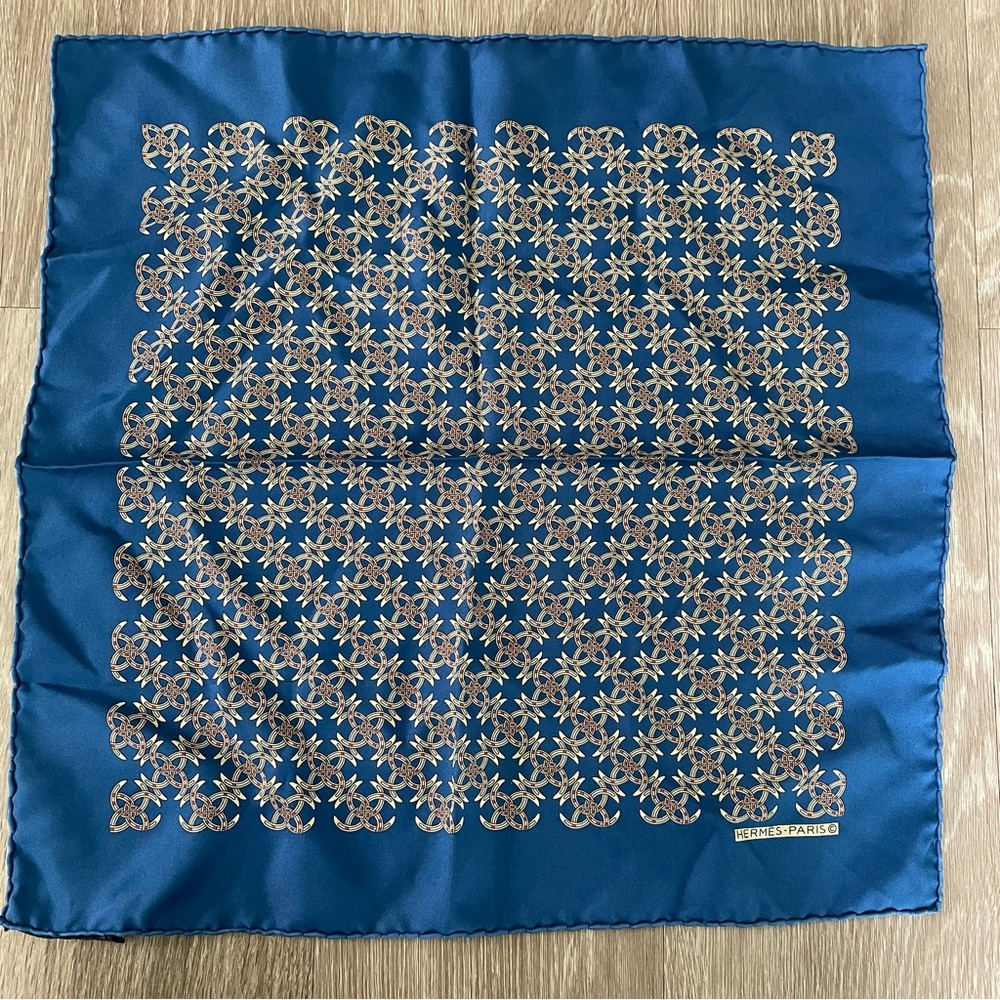HERMÉS Vintage Silk Pocket Square 16” x 16”  Blue Tan Red Geometric Print